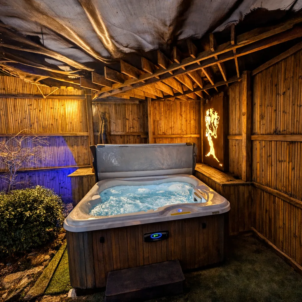 Spa extérieur de la Suite Samadhi à Carnac, sous pergola en bambou, ambiance zen et naturelle avec statue de Bouddha et végétation luxuriante.
